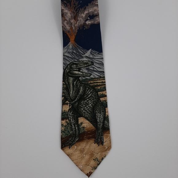 Endangered Species Dinosaur T-Rex and Volcano 100% Silk Necktie - Picture 4 of 8